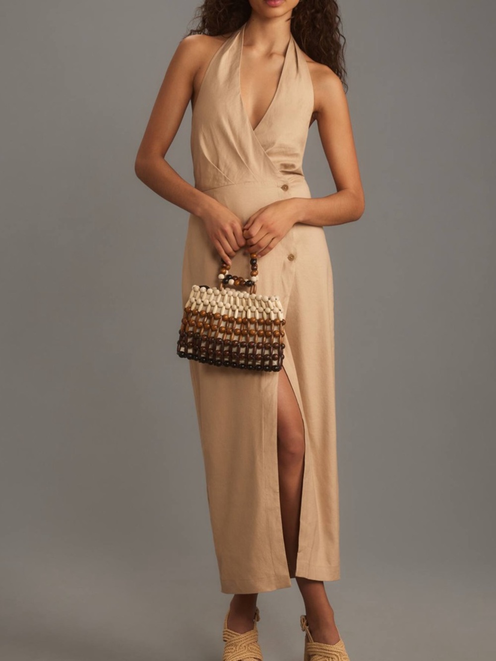By Anthropologie Women’s Linen Halter V-Neck Column Wrap Midi Dress Tan Khaki